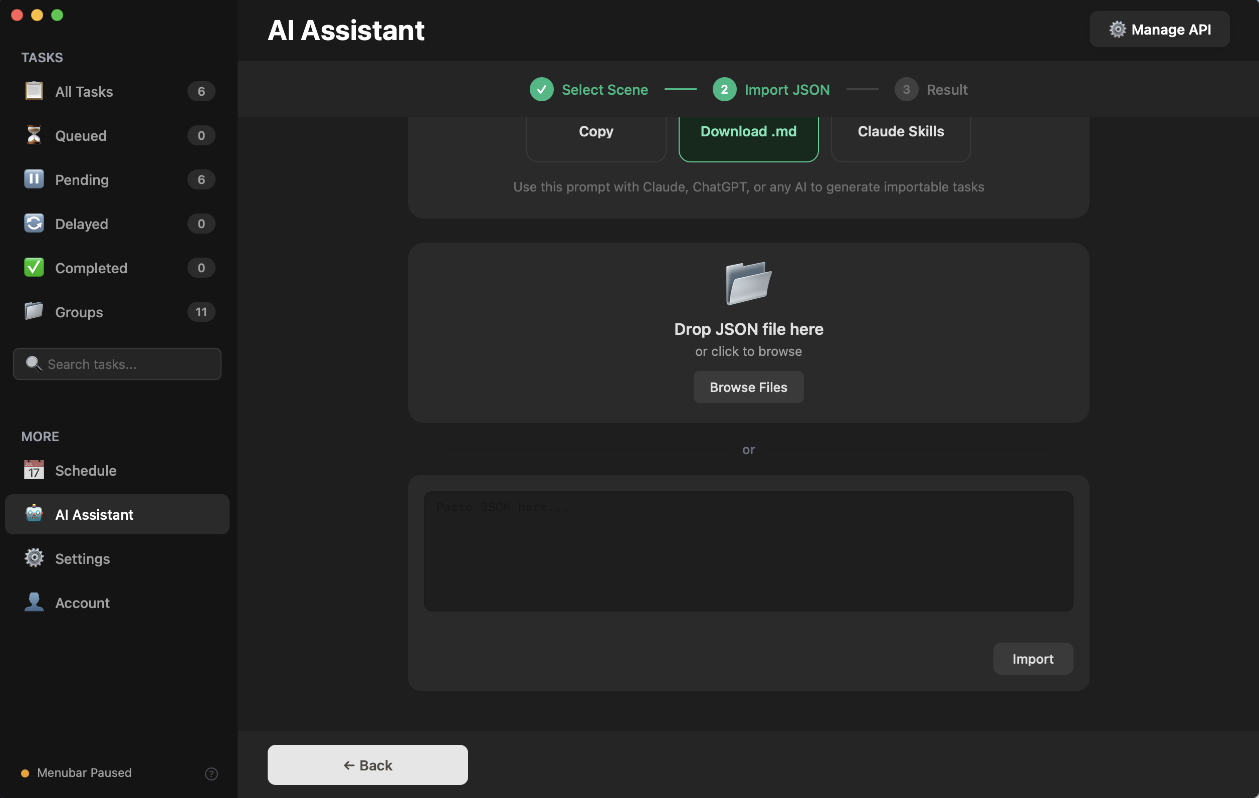 Import JSON — drag or paste
