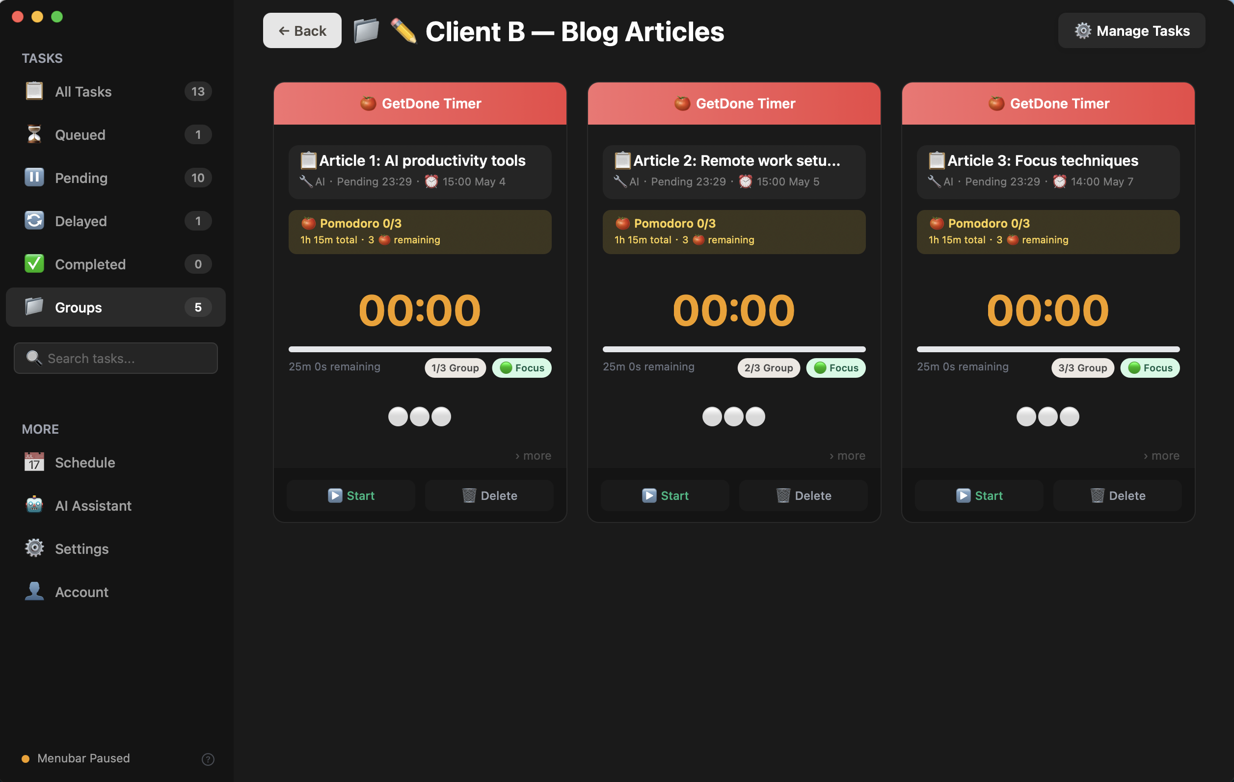 Client B — 3 article tasks