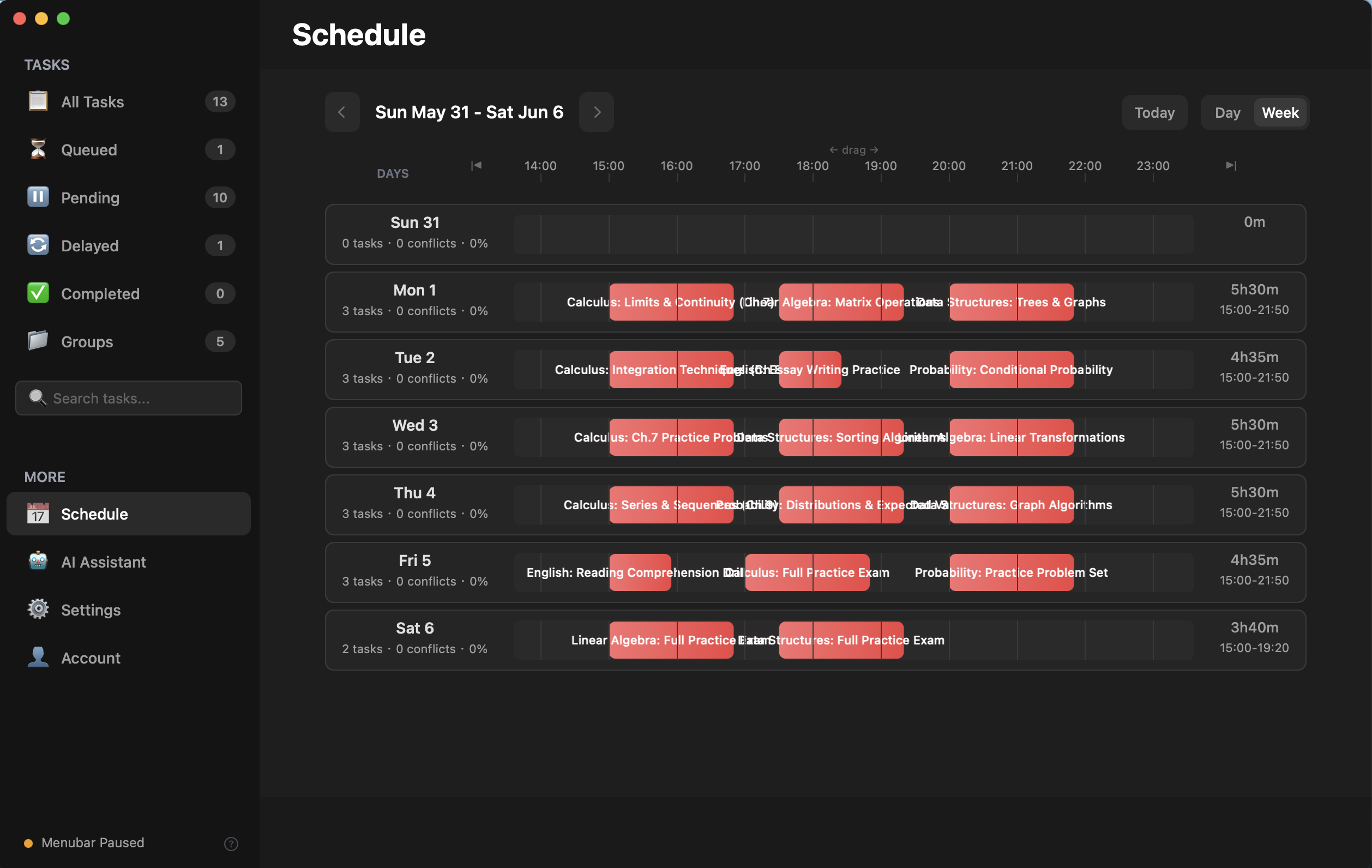 Week schedule — all courses color-coded